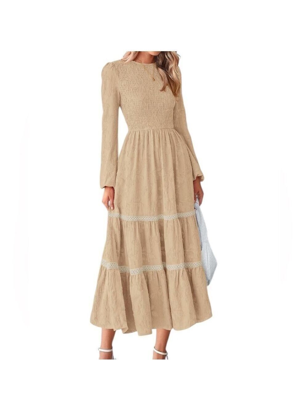 PRETTYGARDEN Smocked Maxi Dress Tiered Ruffled Floral Jacquard Lace Pockets XL